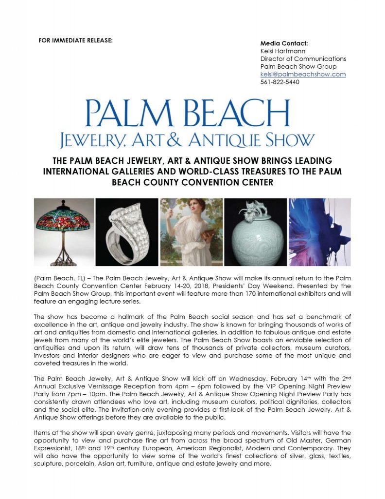 THE PALM BEACH JEWELRY, ART & ANTIQUE SHOW BRINGS LEADING INTERNATIONAL